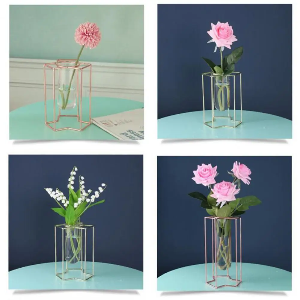 Nordic ins style Glass Vase Sturdy Construction Geometric Hollow Design Iron Modern Hydroponic Flower Pot Decor for living room