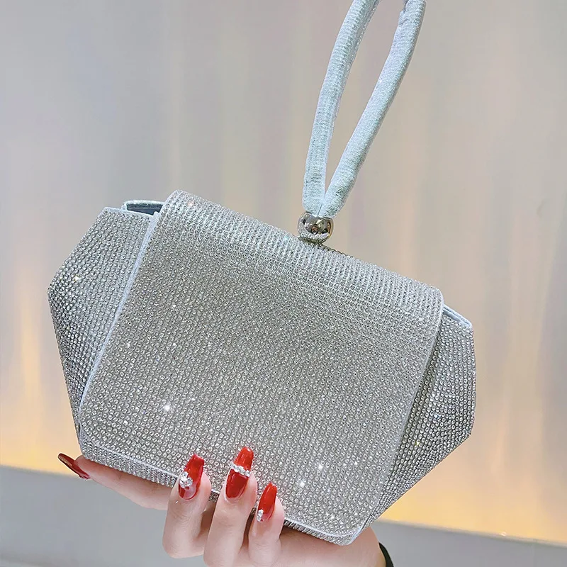 Designer Rhinestone Elegant Clutch Bag Purses Big Wedding Evening Crystal Bucket Bag Silver For Woman