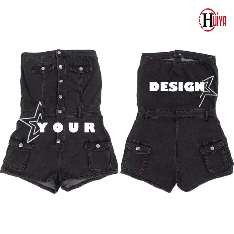 Custom Logo Jeans Jumpsuit Sleeveless Jumpsuits Women 2024 Print Pattern Casual Elastic Denim Rompers Shorts Women
