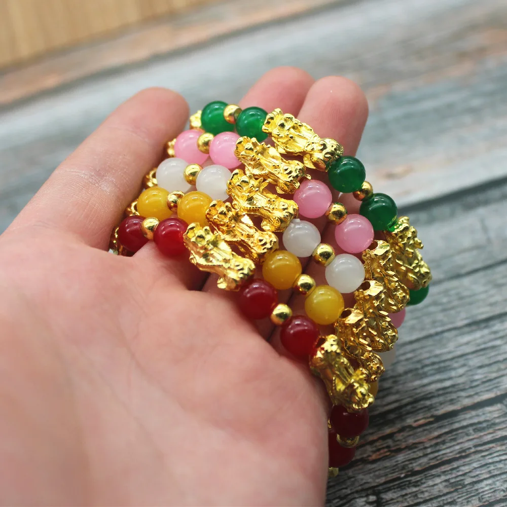Buddhism Feng Shui Stone Bracelet Men Women Natural Stone Agates Beads Lucky Bracelets Gold Color Pixiu Wealth Charm Bracelet