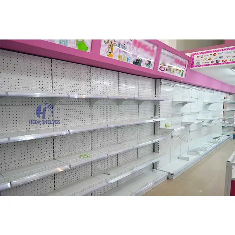 Customized general store products Double-side supermarket gondola shelves with wire mesh backboard