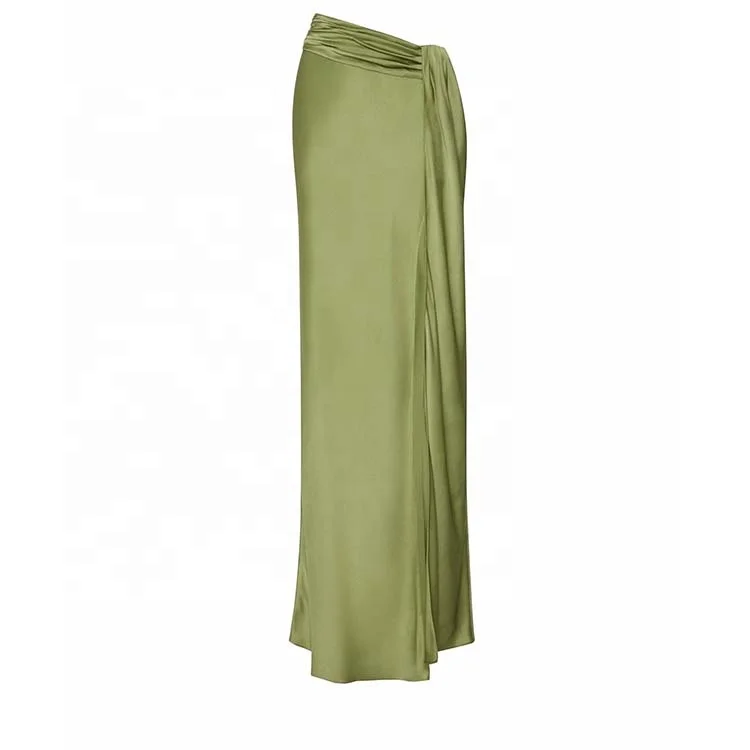 High quality custom casual luxury green satin maxi skirt for woman