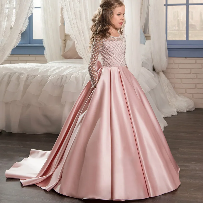 Finalz Factory Supply Kids Gowns Night Sequin Long Tail Big Bow Sleeve Party Dresses for Girls