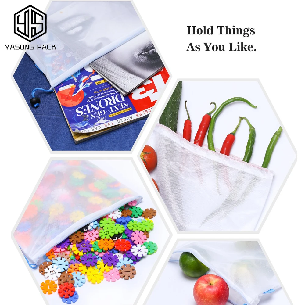 Factory Custom OEM Reusable Nylon Polyester Net Mesh Produce Bag With Drawstring for Food and fruit vegetable