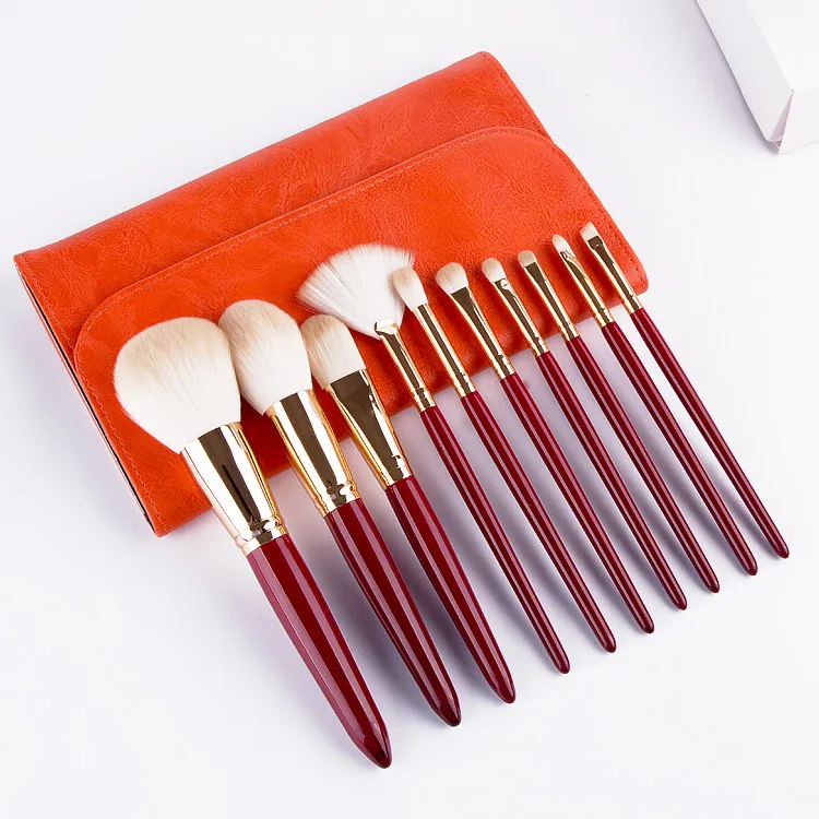 HZM Red Professional Makeup Brushes Set 10 PCS Private Label Custom Logo Luxury Glitter Makeup Brush Kit Travel Size with Bag