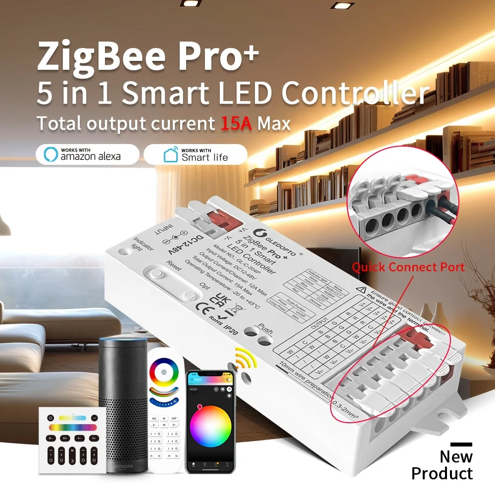 Новый Gledopto 5 в 1 zigbee 3 0 + 2 4 г RF умный светодиодный контроллер с нажимным переключателем DC 12-48V 15A максимальная яркость регулируемая