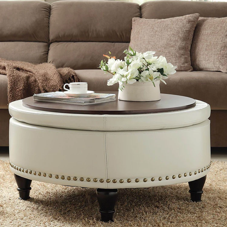 High quality cheap round table white air leather bench low ottoman stool