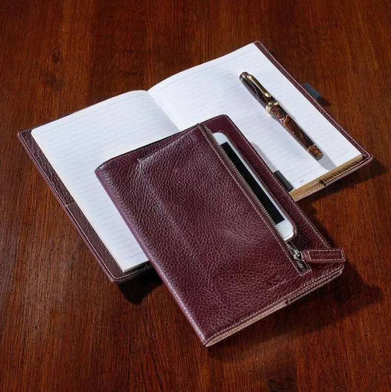 Full-grain pebbled leather refillable paper cover planners pen loop personal journal notebook with pocket