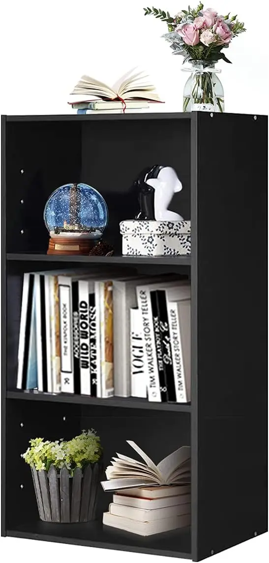 Legend Wholesale Three  Shelf Office Library Bookcase Wooden  Storage Display Rack Solid Wood Black Bookshelf for Bedroom