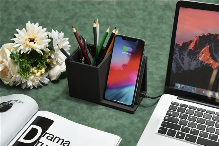 Office Tech Gadgets Pencil holder with PU leather 10W mobile phone holder wireless charger for promotion gift