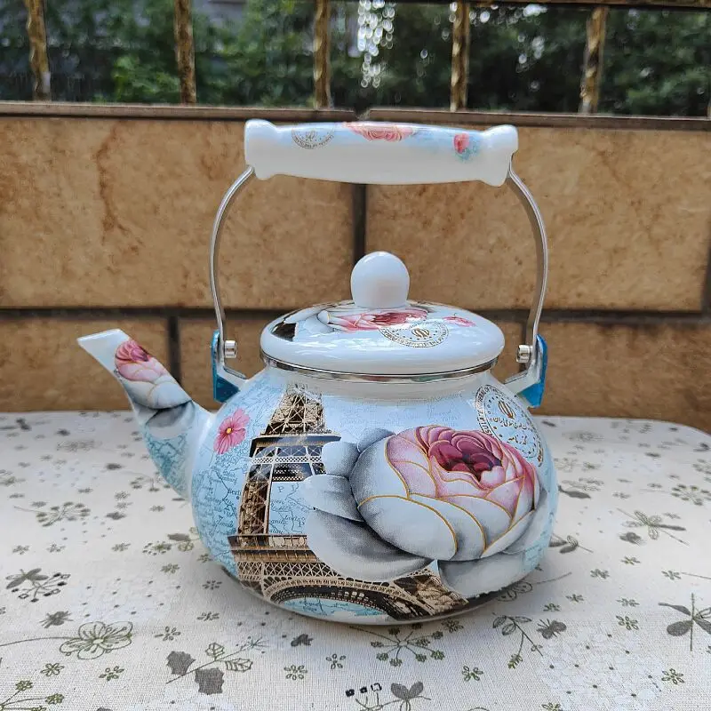 Enamel Tableware  2.5L Enamelled Metal Steel  Blooming flowers Teapot Kettle Pot with ceramic Handle