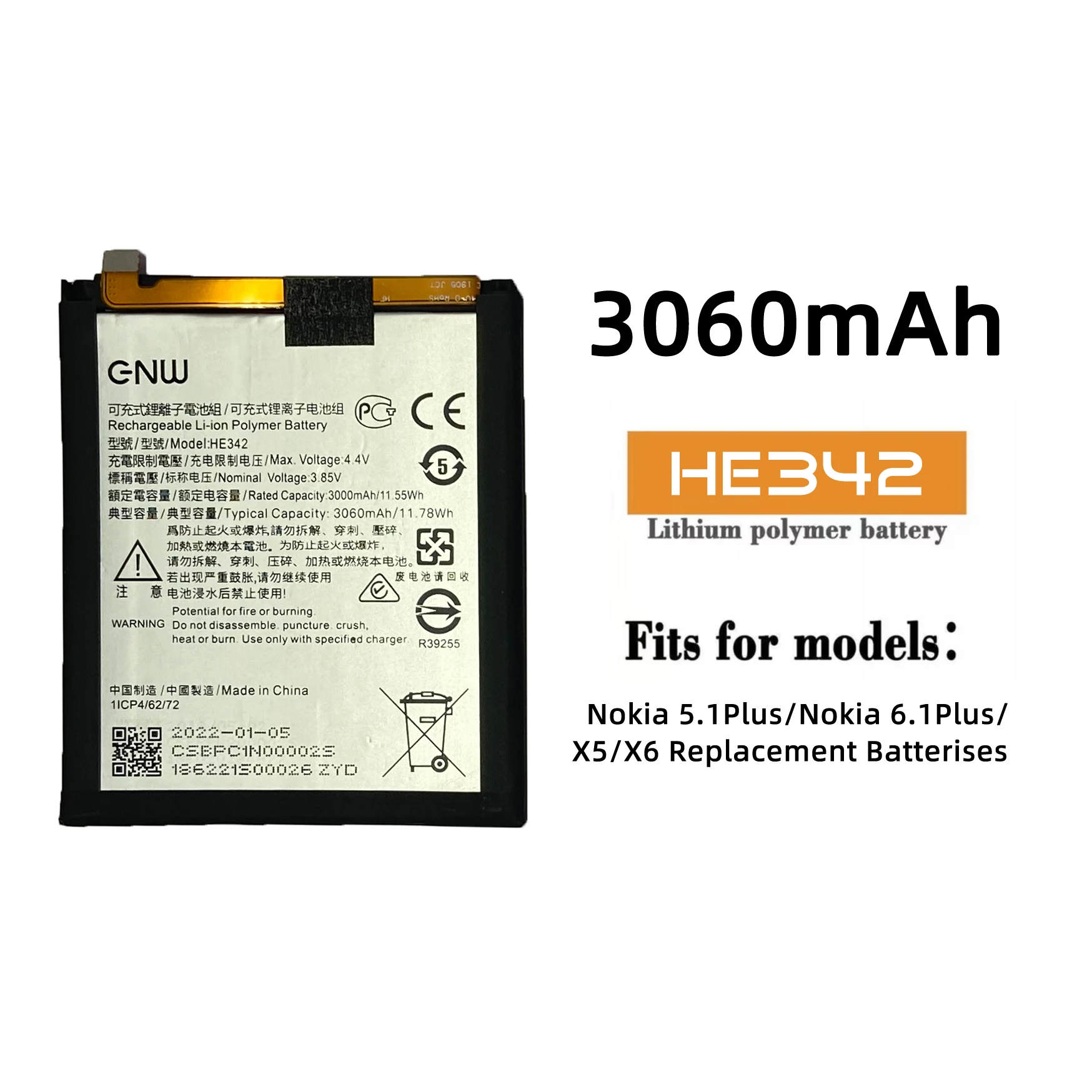 100% New Factory High Capacity Cell Phone Battery For NOkIA 5.1Plus/Nokia 6.1Plus/X5/X6 Replacement Batterises