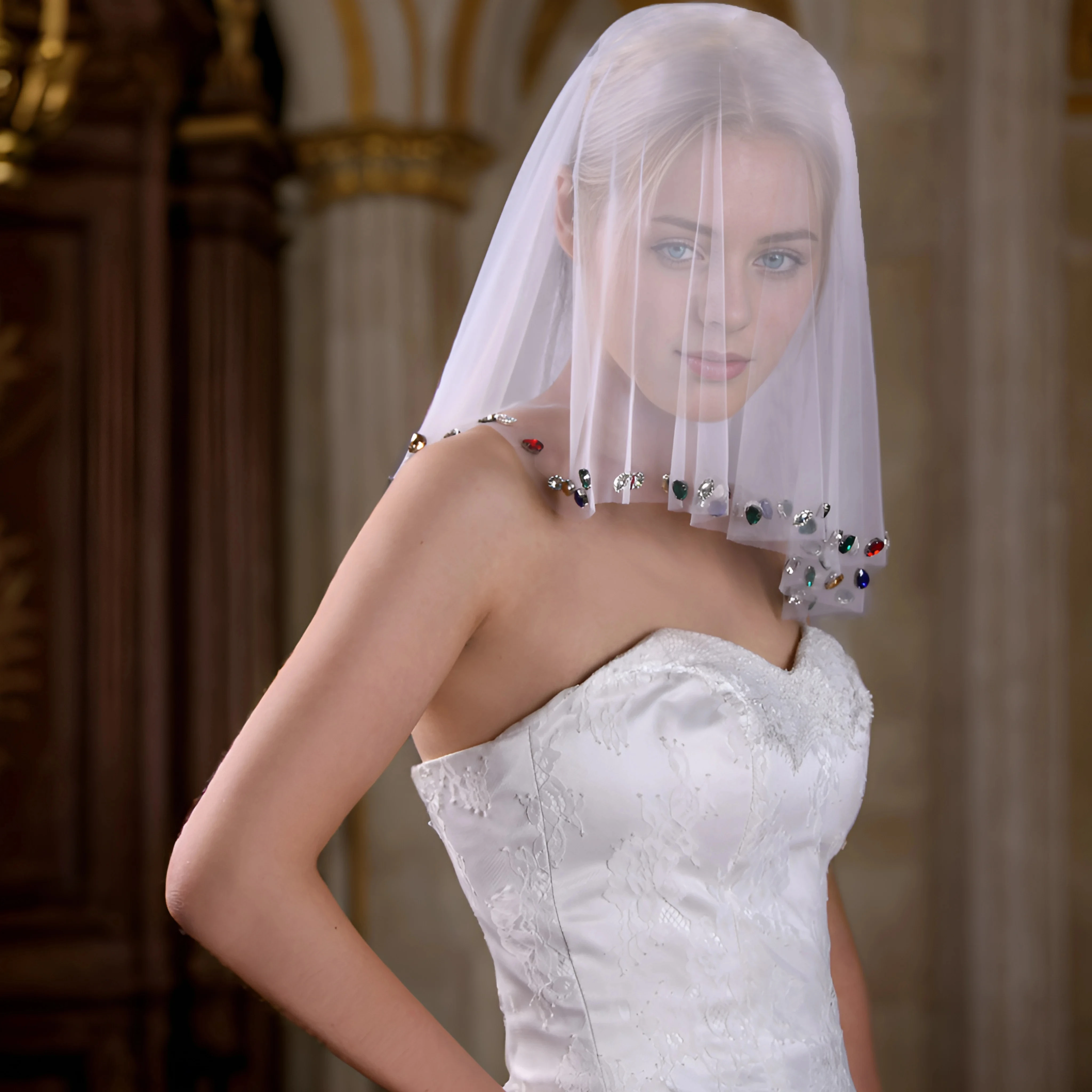 LUOXIN Sparking Colored Stone Wedding Veil Short Bridal Detachable Blusher Veil Cover Face Bridal Veil