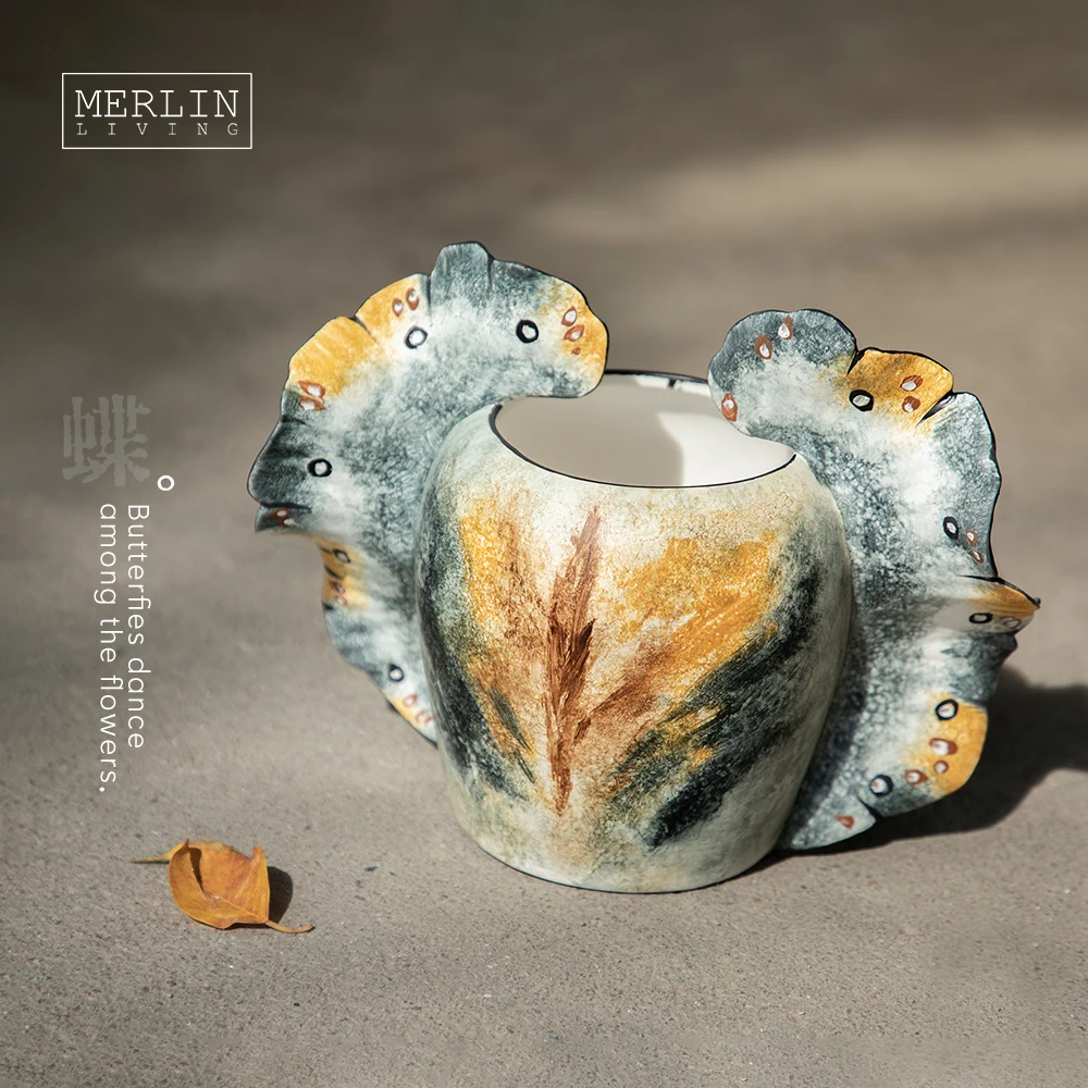 Merlin Living Hand Painting flower vase for home decor butterfly vase ceramic decoration Chaozhou Ceramic Factory Wholesale