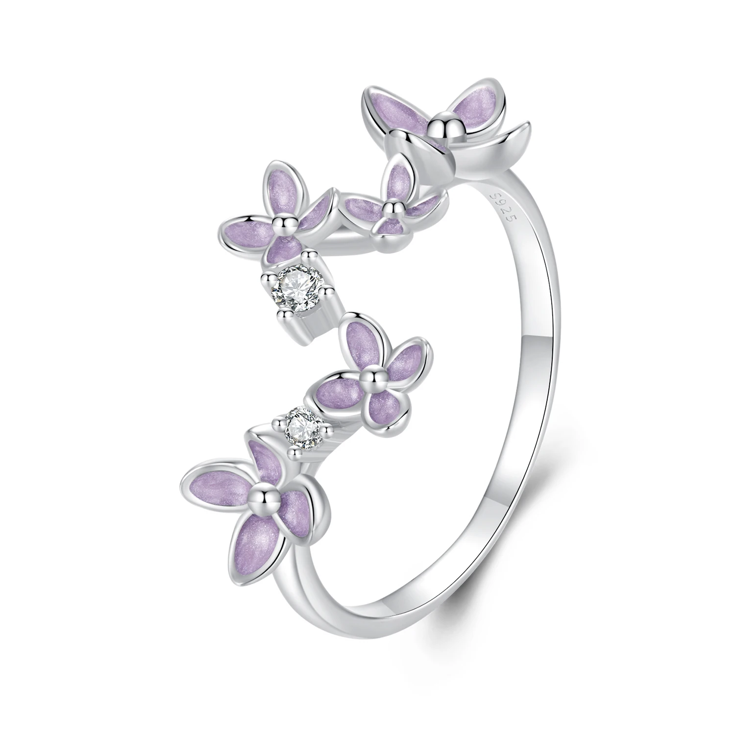 925 Sterling Silver Lilac Flower Adjustable Ring, White Gold Plated Promise Christmas Flower Ring Dainty Elegant Jewelry SCR1083