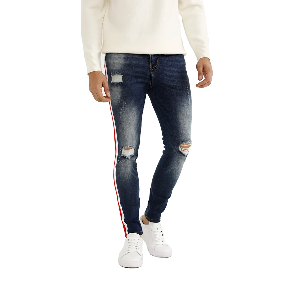 High Quality Stretchy Waistband Destroy Wash Blue Jeans Ripped Skinny Jeans Men