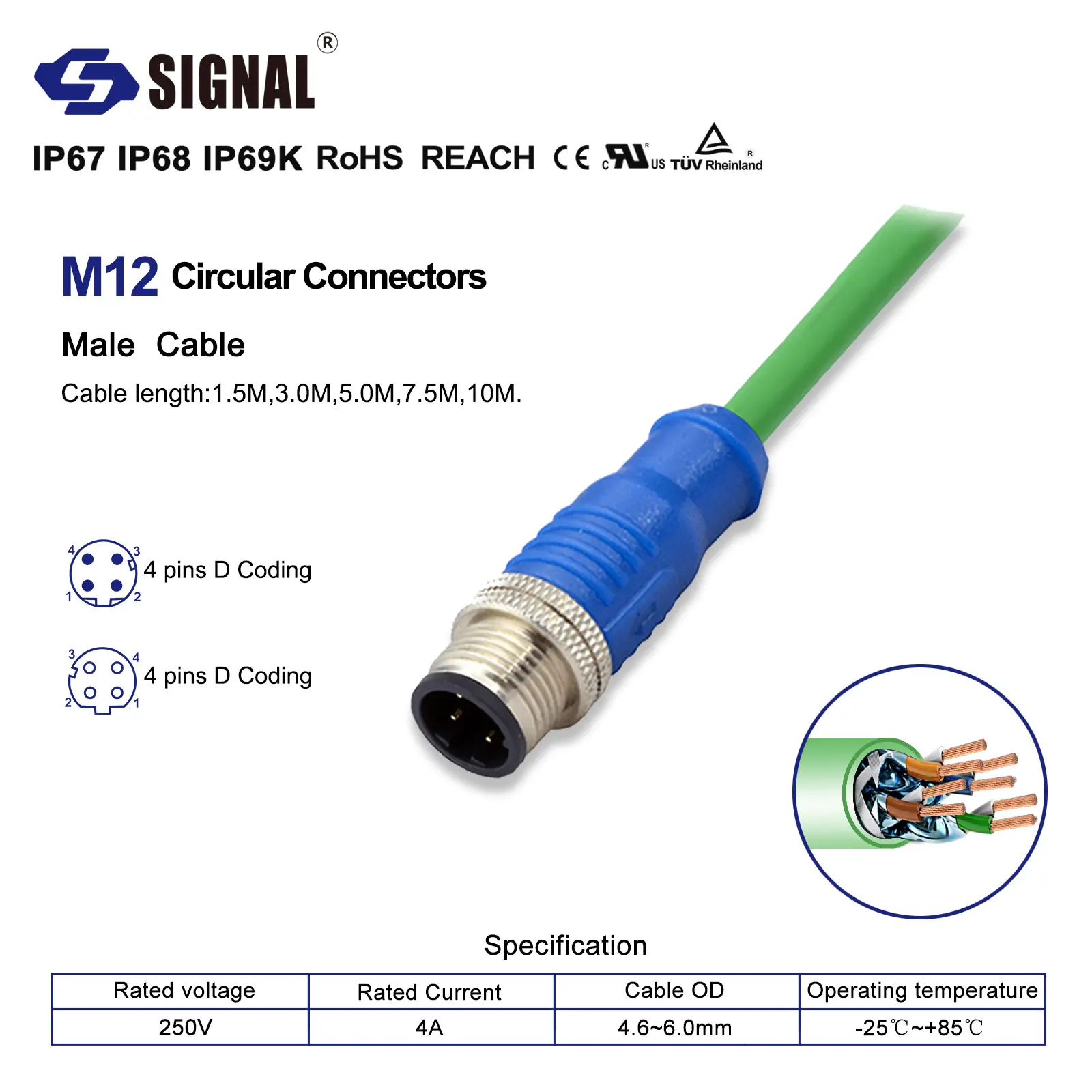 Signal Cable Connectors PUR IP67 IP68 Waterproof Cable M12 4pin D-coded Male - Green Machine Vision Au 5 Mm to Female 3 Jack 2
