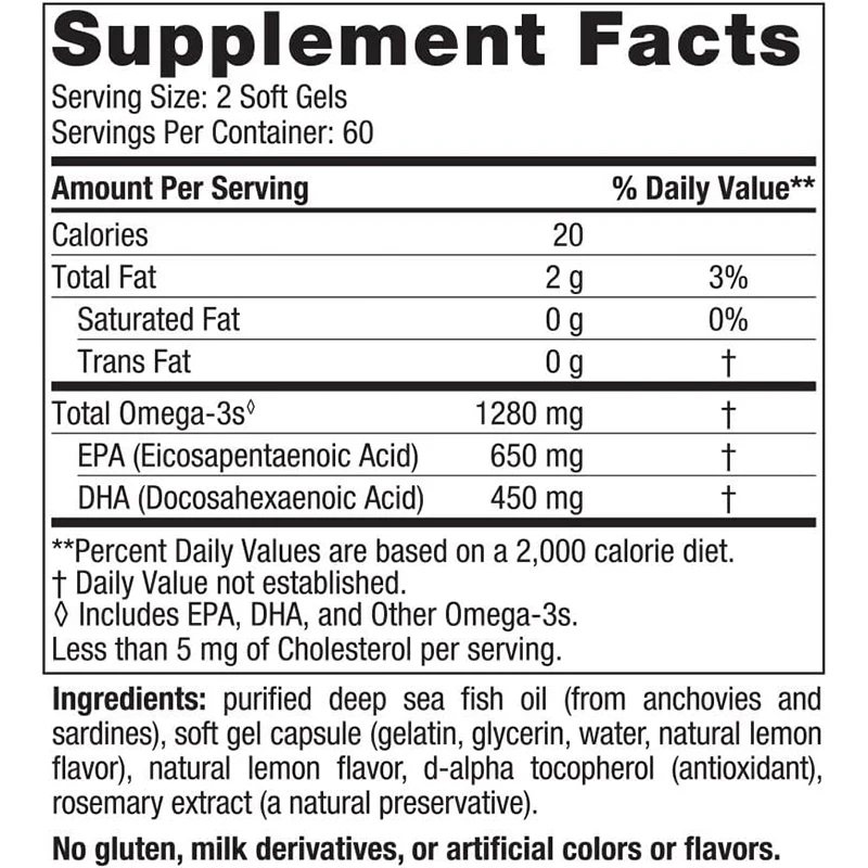 Omega Lemon Flavor 120 Soft Gels 1280 mg Omega-3 Fish Oil Supplement with EPA & DHA Promotes Brain & Heart Health