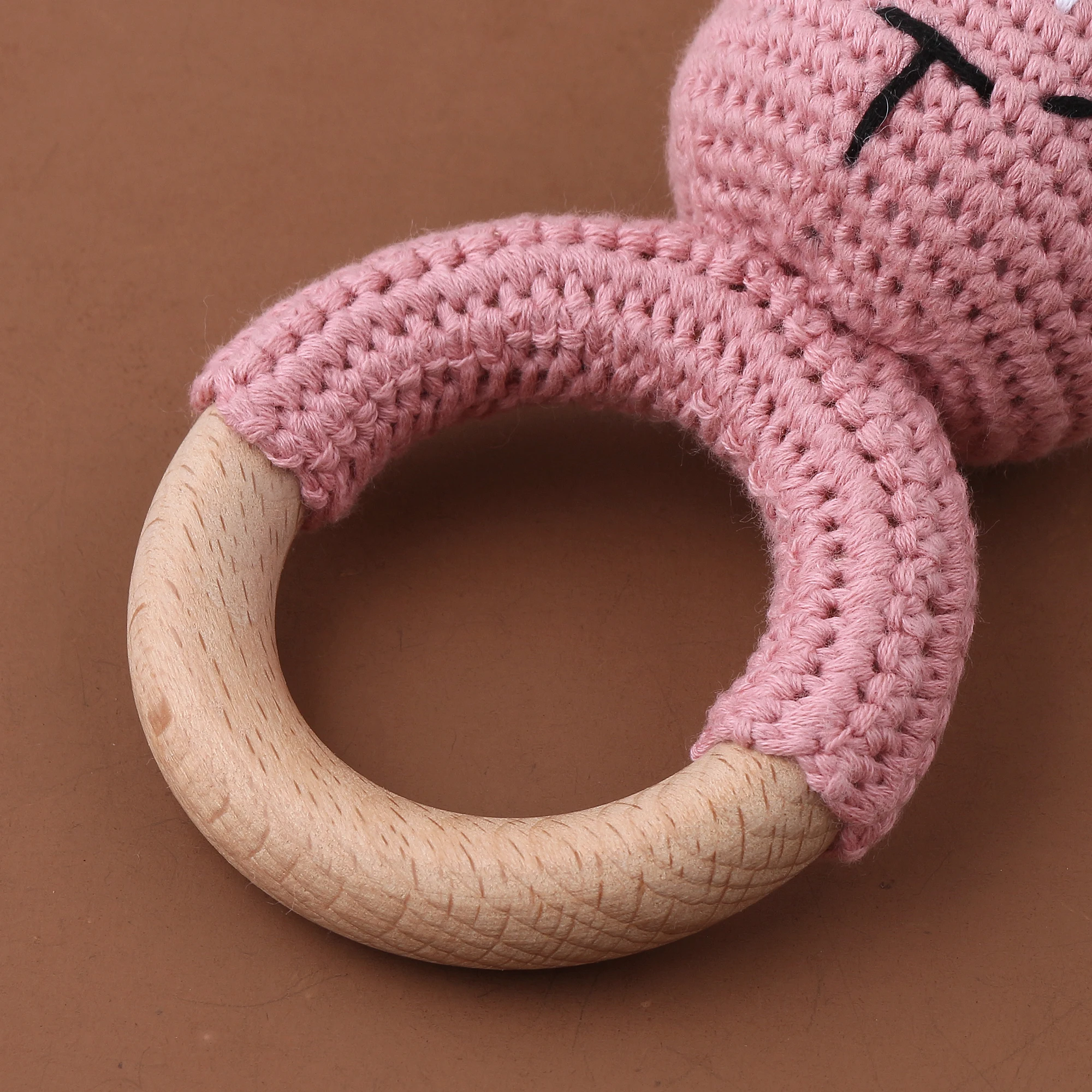 Baby Wooden Toy Wood Mordedor Ring Rabbit Cotton Neutral Crochet Baby Gift Bunny Rattle Teether
