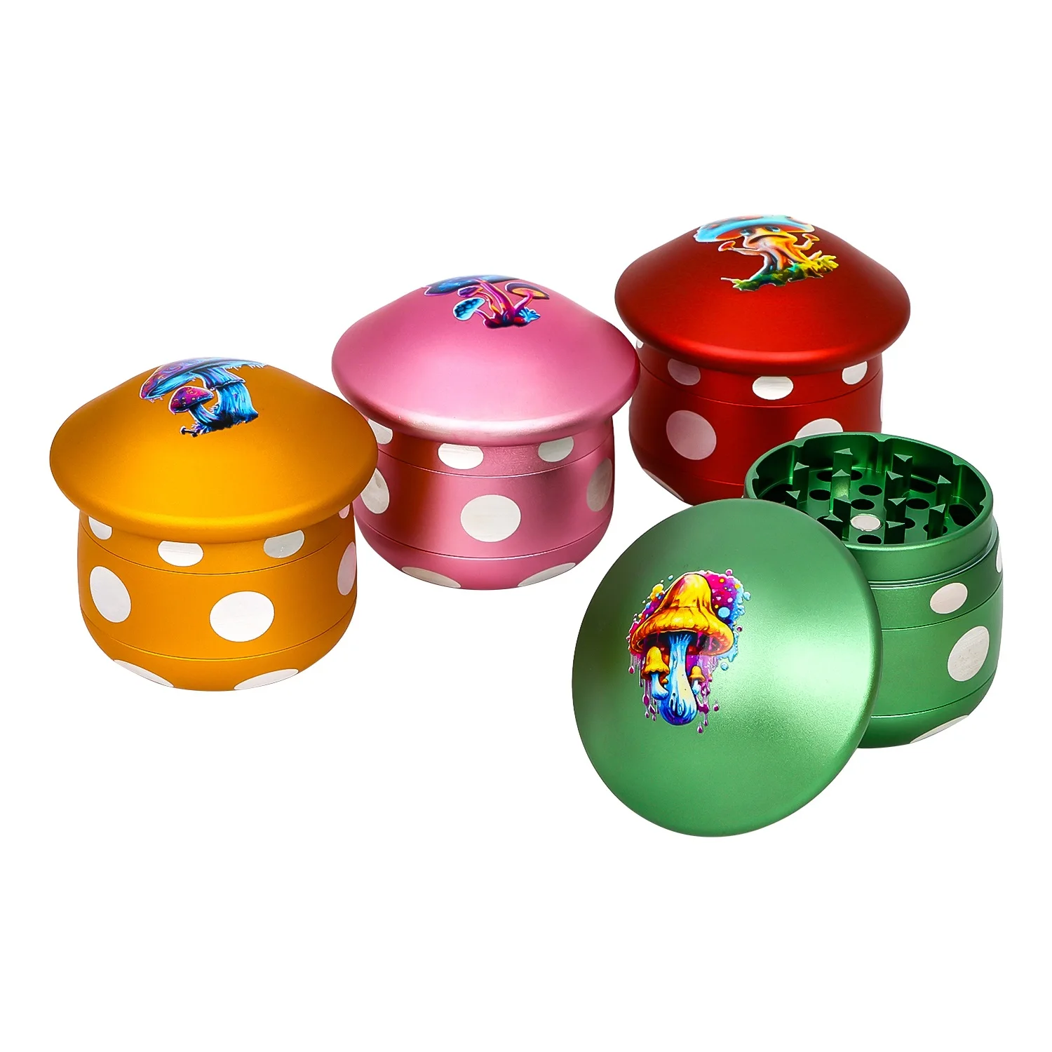 Wholesale Custom Logo OEM Aluminum Alloy Metal Mushroom Shaped Green Pink Red Color 4 Parts Herb Grinder Pepper Mill Crusher