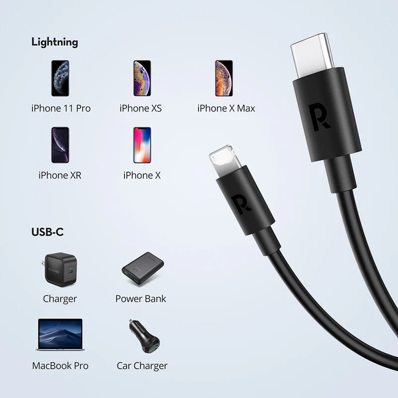 RAVPower Black+PE BAG RP-CB062 Data Cables 1m TPE Type-C to L Type C Cable Phone Fast Charging Cable for iphone