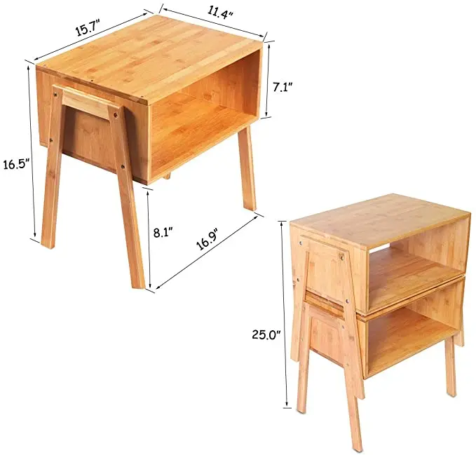 Low MOQ High Quality 2 Pieces Easy Assembly Natural Solid Wooden Bedroom Furniture Bamboo Bedside Table For Home