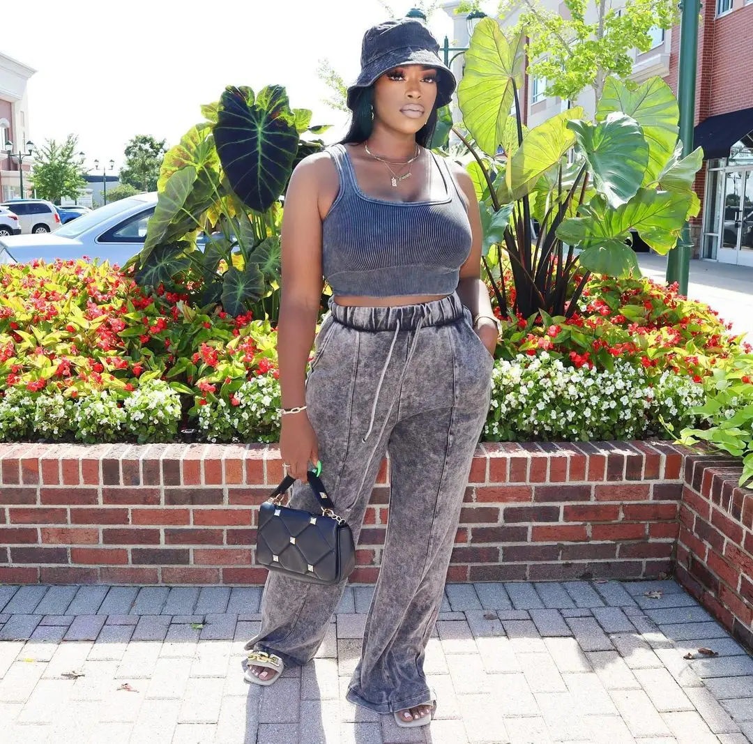 Wholesale fashion high waists baggy pants drawstring wide leg pants for women