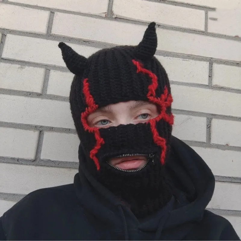 Hot Selling New Custom Winter Warm Halloween Funny Devil Horn Handmade Crochet Knitted Balaclava Hat Mask