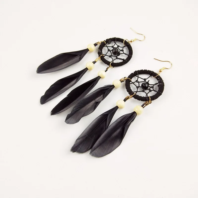 Bohemian Dreamcatcher feather long handmade retro fantasy tassel dream catcher earrings