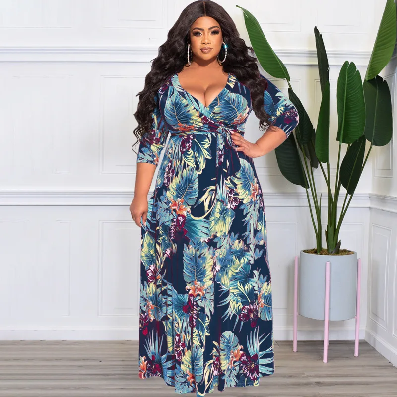 4xl 5xl Plus Size Maxi Dress Women 2022 Summer V Neck Short Sleeve Floral Print Yellow Dress for Women Large Size Beach Dresses