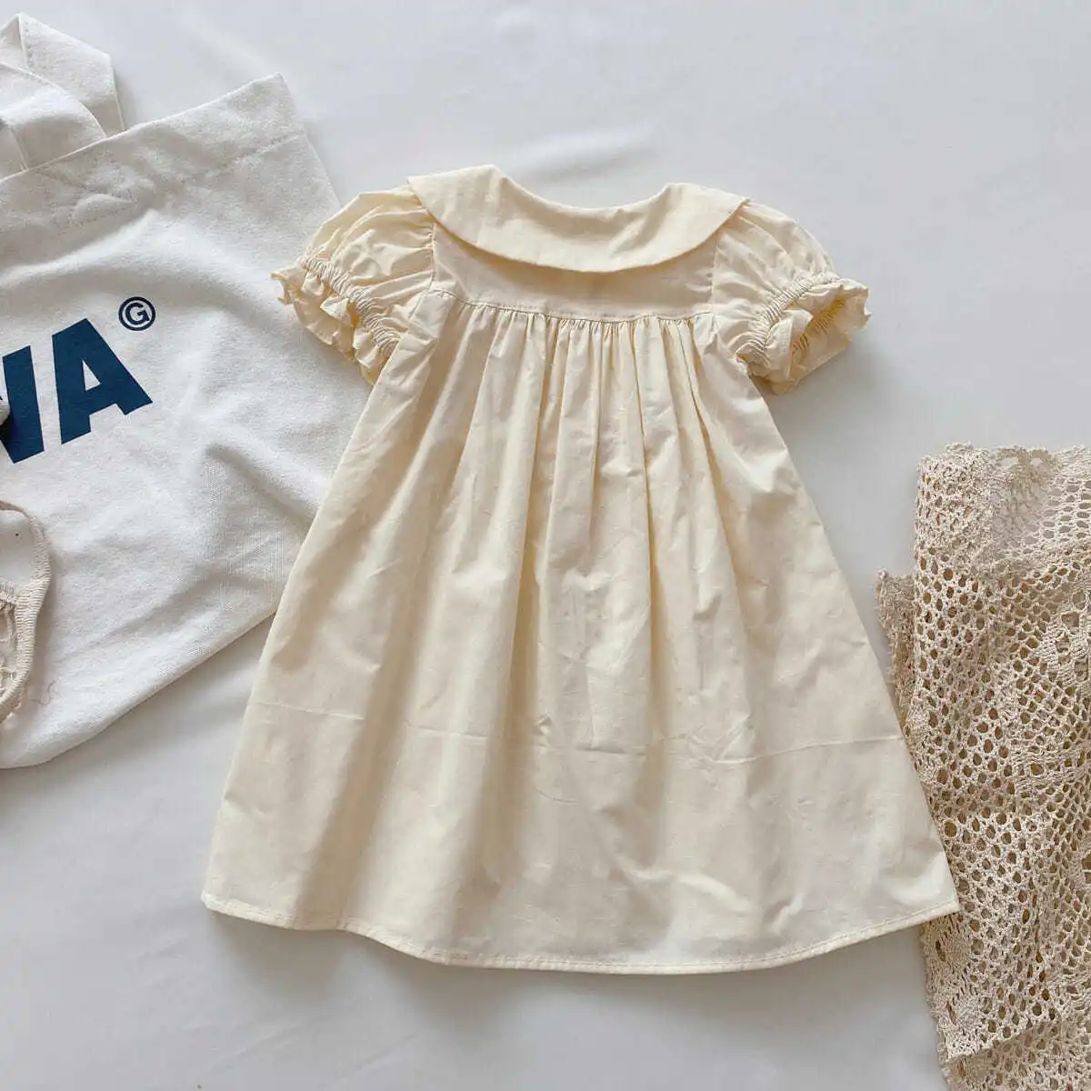 Baby Clothes Summer Kids Bishop Smocked Floral Dress Embroidered Collar Cute Girls Casual Dresses