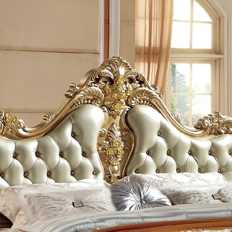 Luxury Champagne Gold King Size Wood Beds Classic Bedroom Furniture