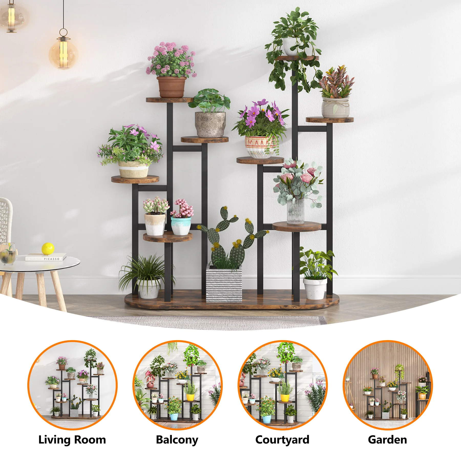 Tribesigns Rustic Brown 11 Round Potted Plant Stand with Stable Oval Base & High and Low Design Plant Shelf for Garden Balcony