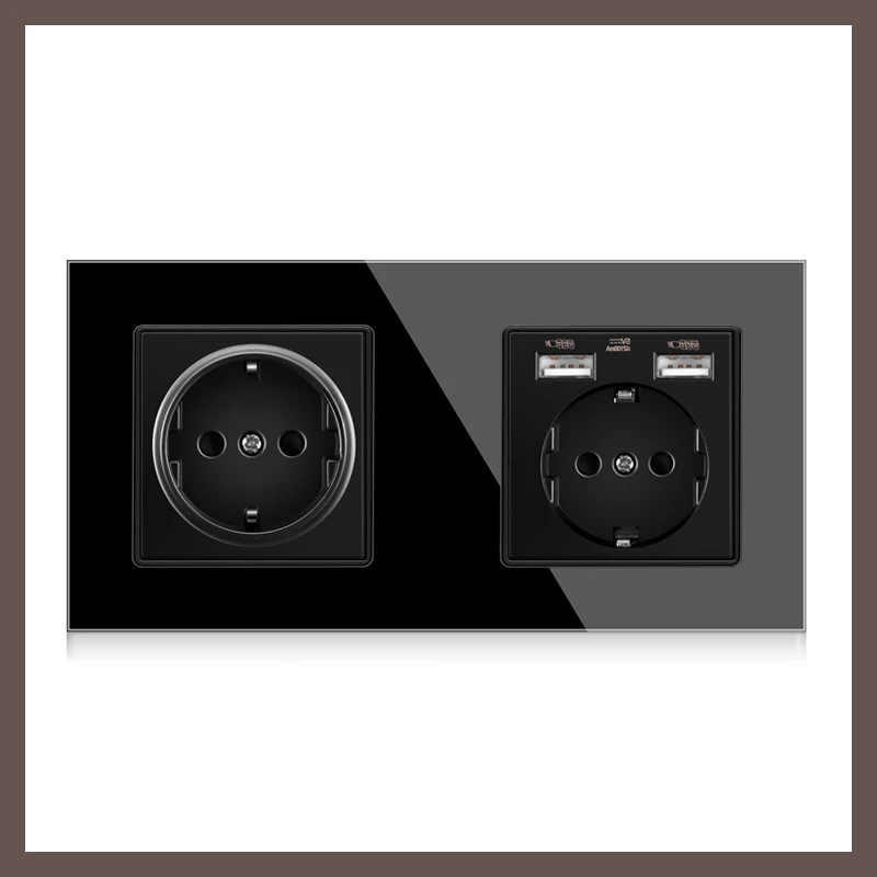 German black crystal tempered glass double triple 16A wall socket, three four five connected electrical socket, USB eu socket