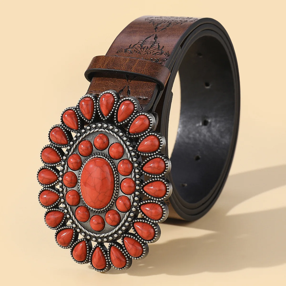Red Turquoise Vintage Ethnic Designer Belt for Women Sexy Western PU Wide Genuine Leather with Alloy Buckle from Pakistan