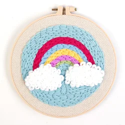 Punch Needle Kit Beginners Embroidery Kit Rinnbow Cross Stitch Craft DIY Needlework Stamped Monk Cloth Fabric Hoop Full Set