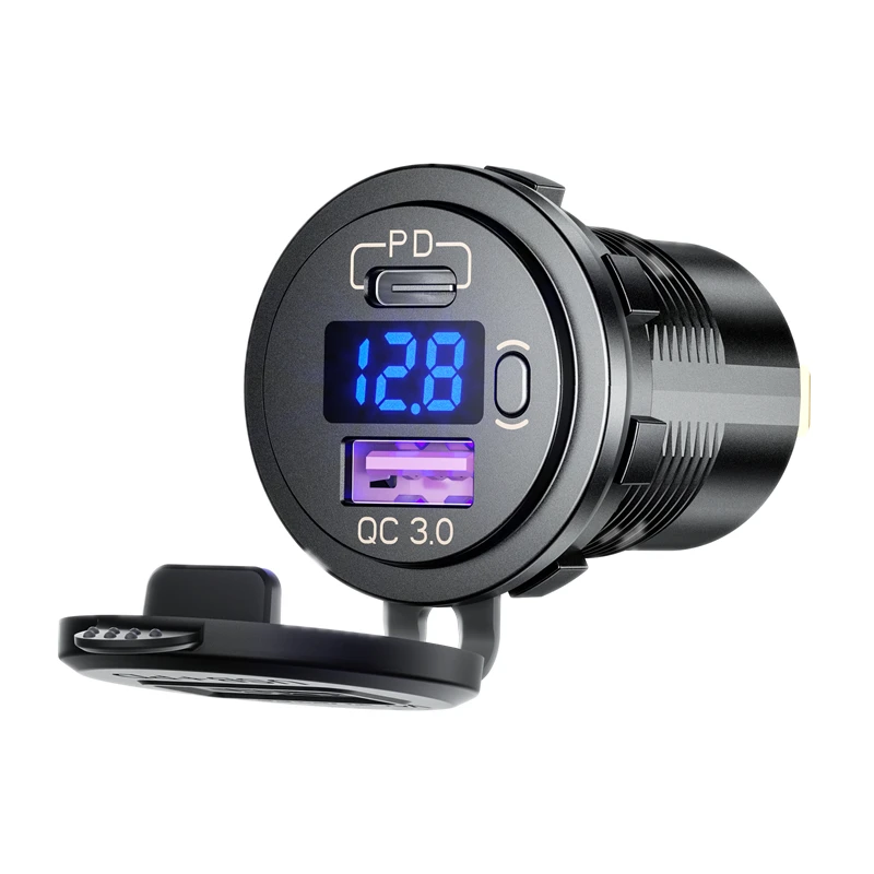 Fast Charging Car Charger 12V QC3.0 USB Charger Socket and PD Type C Port, Switch and Voltmeter for Car Accessories Charger