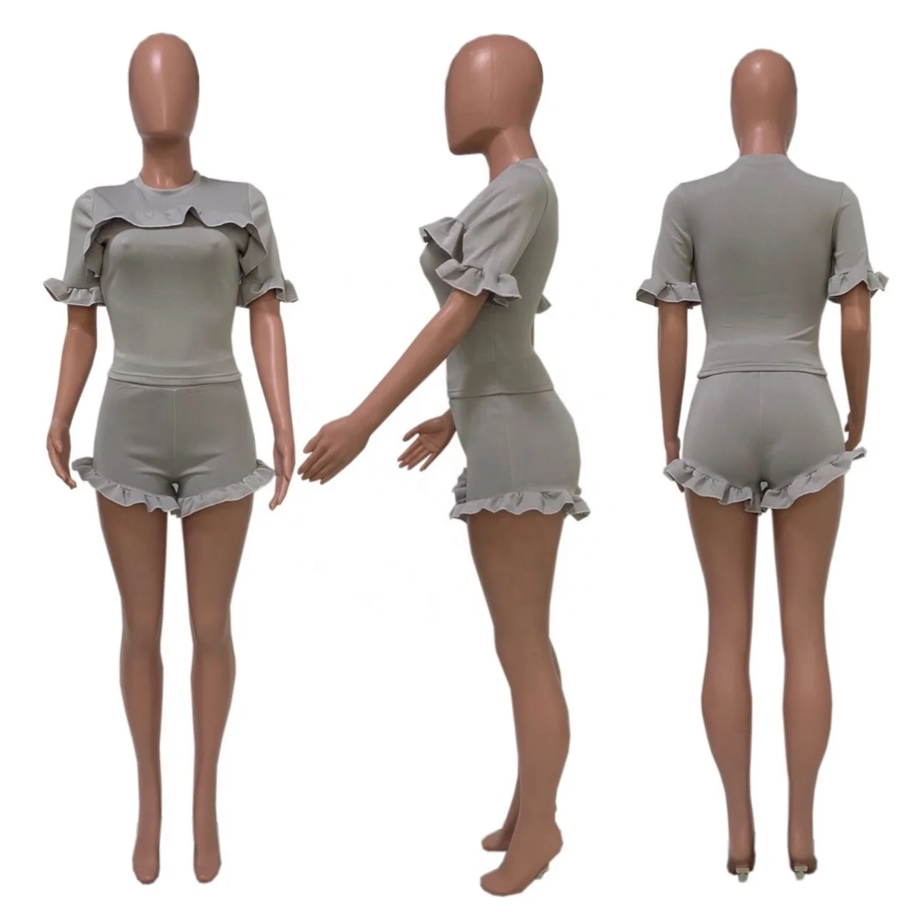 Hot Sale Ruffled Top Set Wood Ears Stitching Short Sleeved Pencil Pants Solid Color Sexy Casual Women Two Piece Short Set