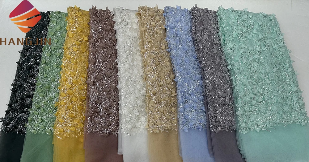 White High Quality African Beaded Sequins 3D Flowers Embroidered Lace Fabric French Tulle Beads Lace Fabric For Bridal Dress