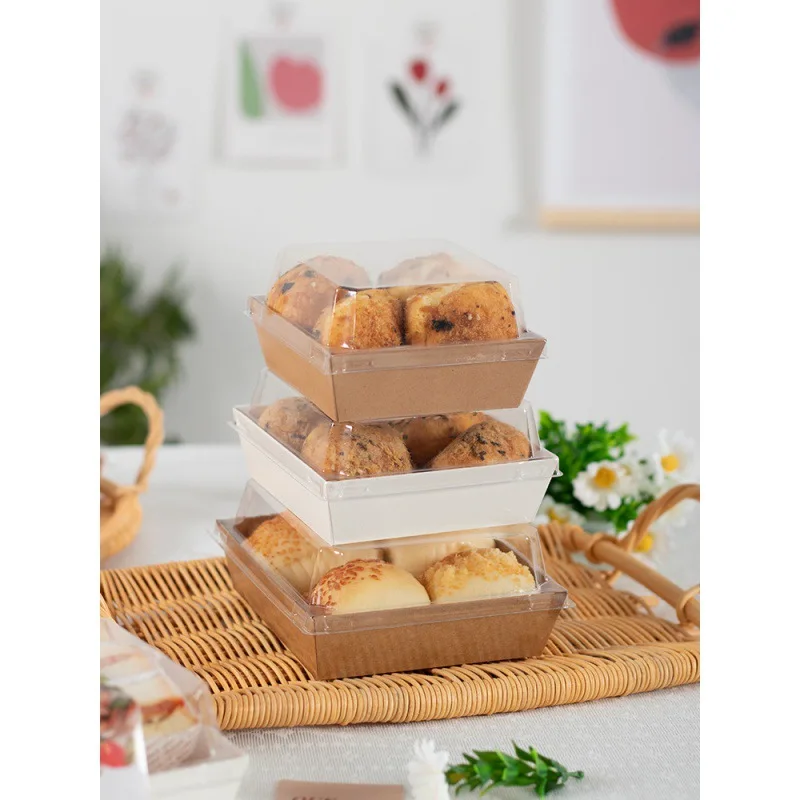 Takeaway food grade kraft paper container cardboard box dessert packaging transparent box