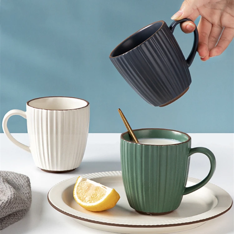 Wholesale Modern Vintage 9oz Green Grey Cup Unique Striped Glazed Ceramic Coffee Mug