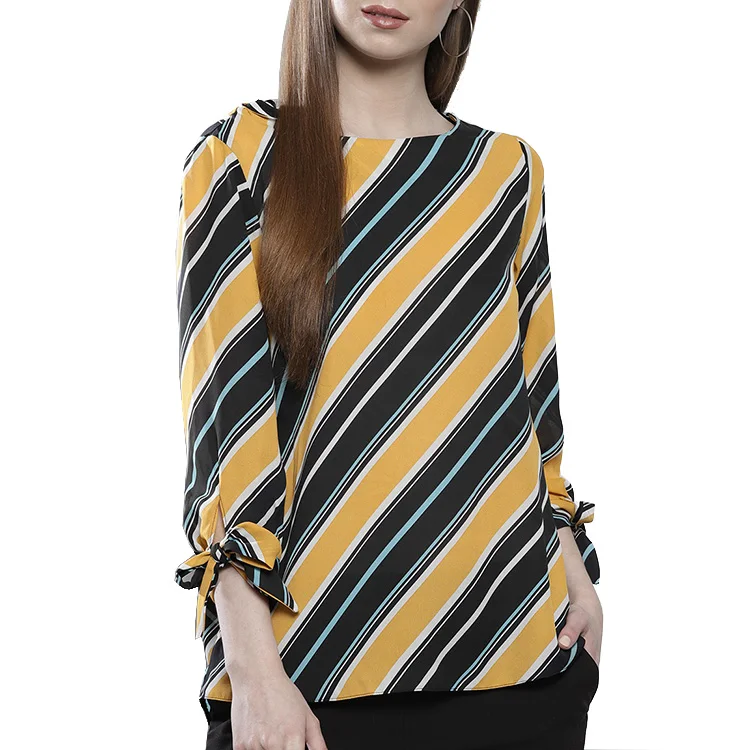 Mustard yellow and black striped woven  regular bow cuffs women blouse
