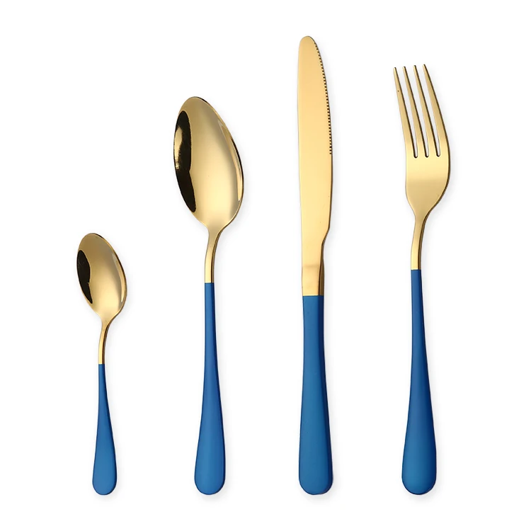 Custom Wholesale Stainless Steel Cutlery Set Blue Gold Flatware