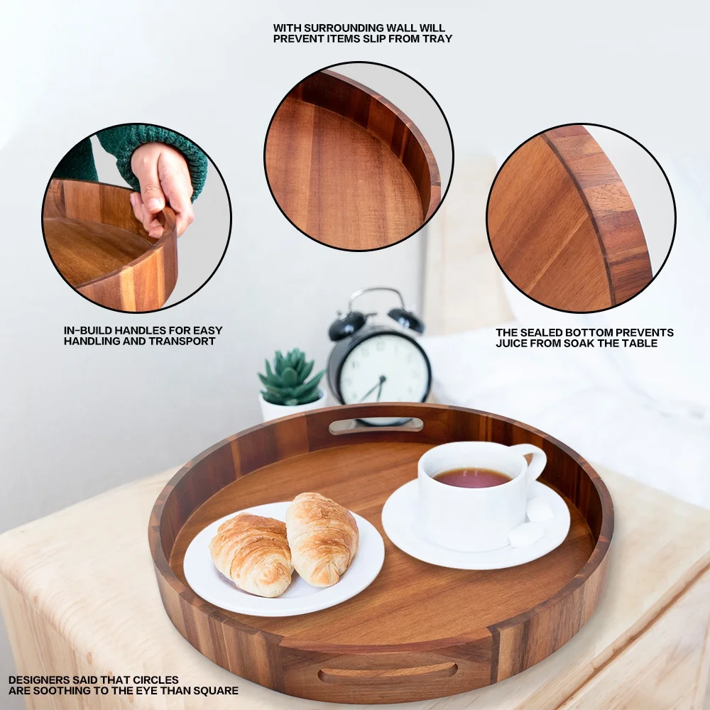 Factory Price custom acacia round wood food tray wooden serving tray with handle