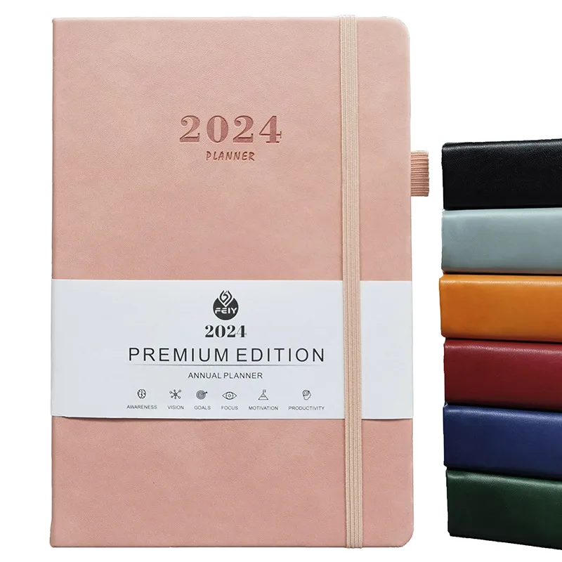 Custom printing logo pu leather cover daily weekly hardcover notebook a5 diary 2024 planner journal