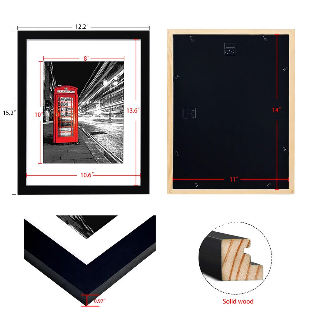 wood 11x14 Black Picture Frame - Made to Display Pictures 8x10 with Mat or 11x14 Without Mat