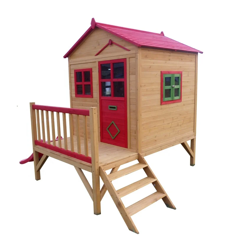 wooden kids outdoor playhouse with slide and stair