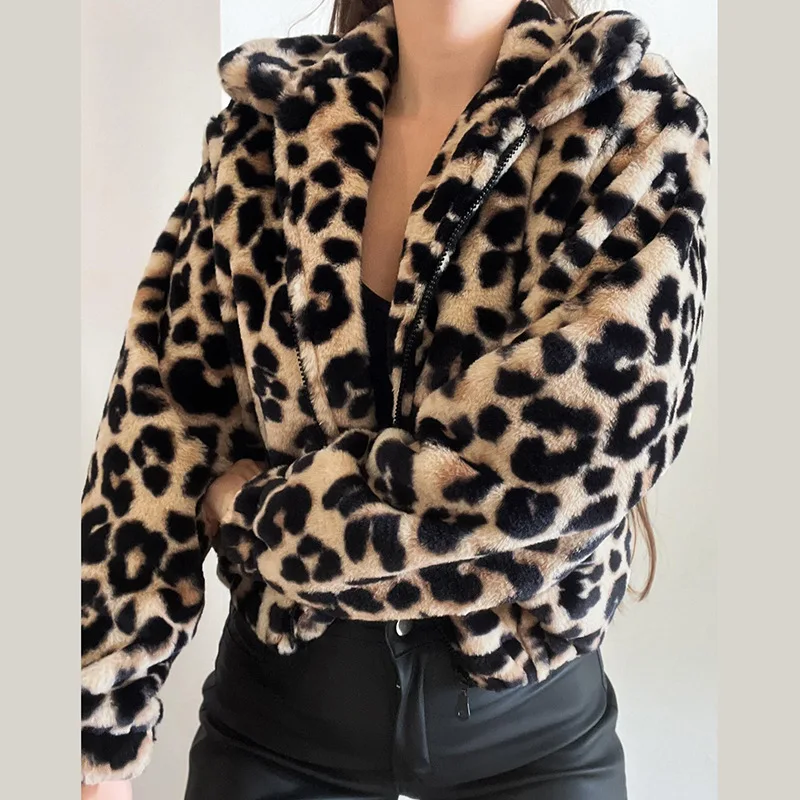 2024 Women Fashion Leopard short jacket Coat Vintage Long Sleeves Button Up Female Outerwear plush autumn winter coat