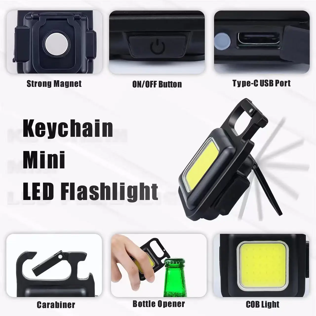 Portable Rechargeable LED Mini small COB Keychain Flashlights 4 Modes Work Light with Bottle Opener Fishing Camping