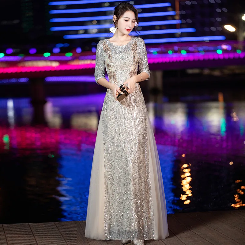 Sequined Formal Evening Gown Wedding Party Dress Birthday Outfit Women